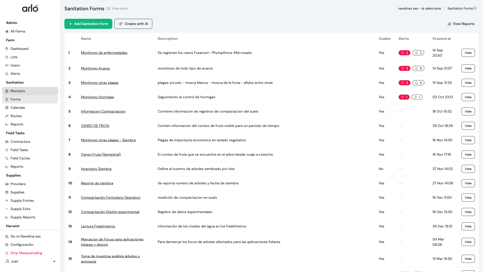 Forms page with Create with AI button