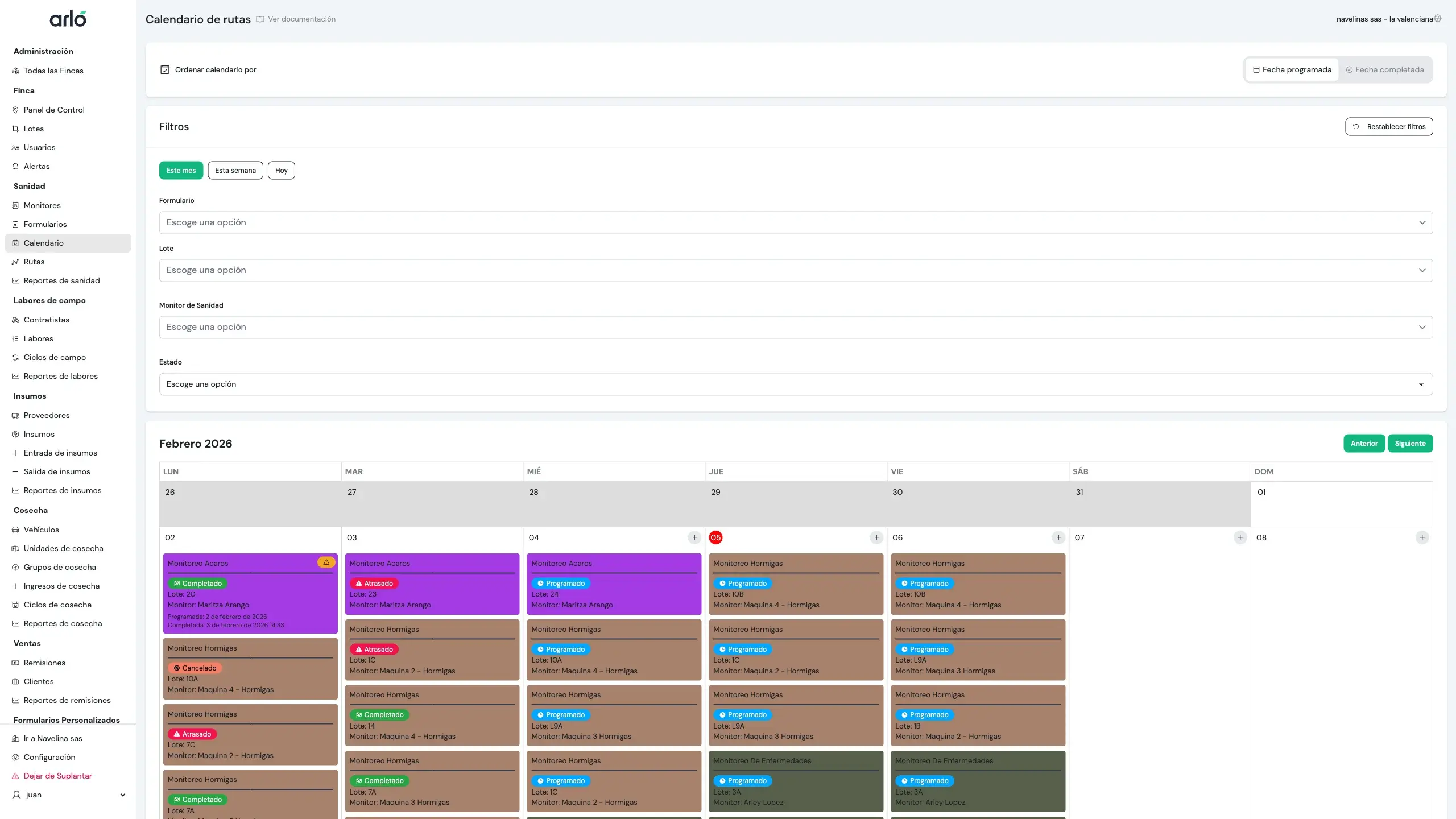 Calendario de planificación de rutas