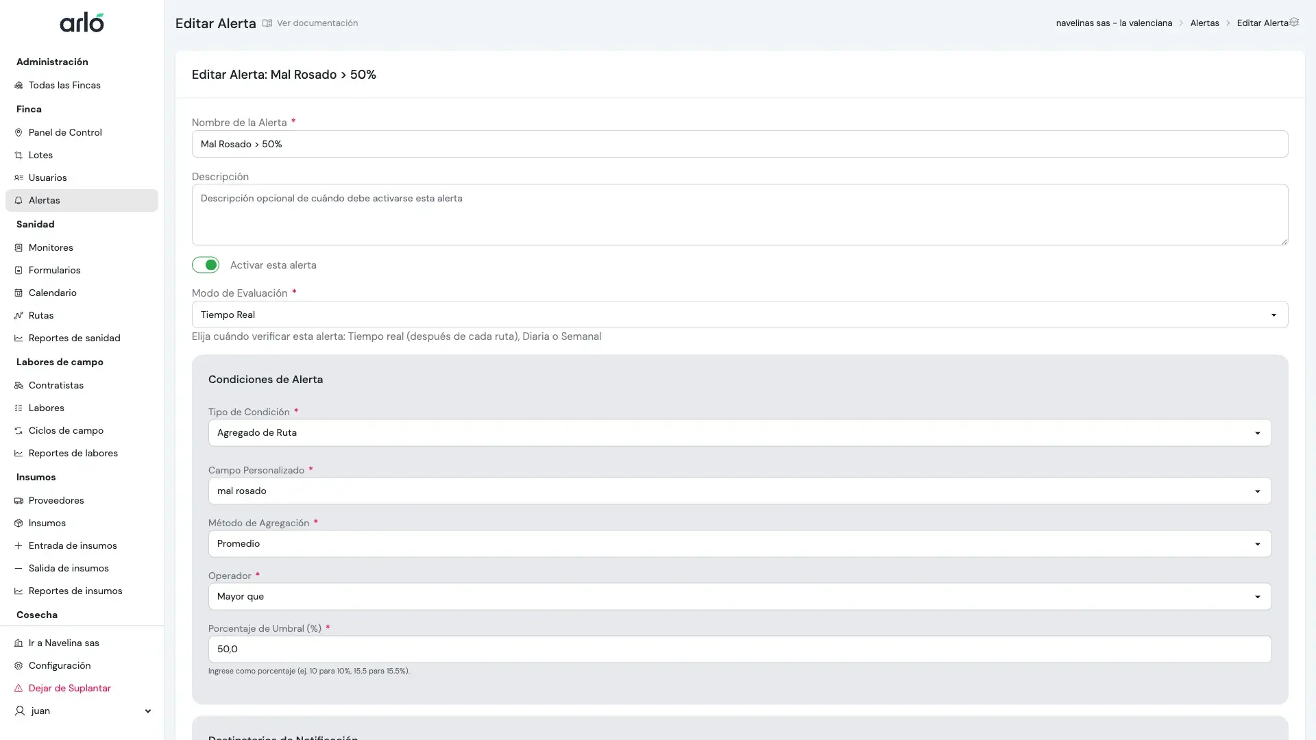 Configuración de condiciones de alerta