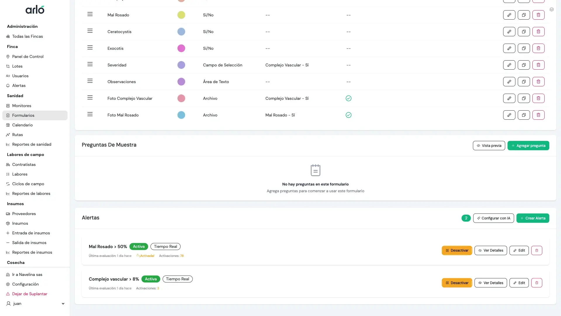 Sección de alertas configuradas en formulario