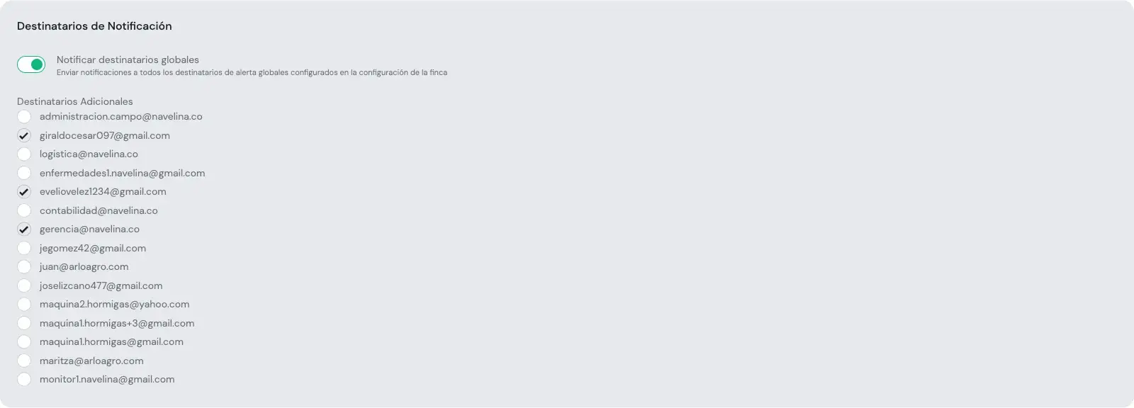 Configuración de destinatarios de alerta