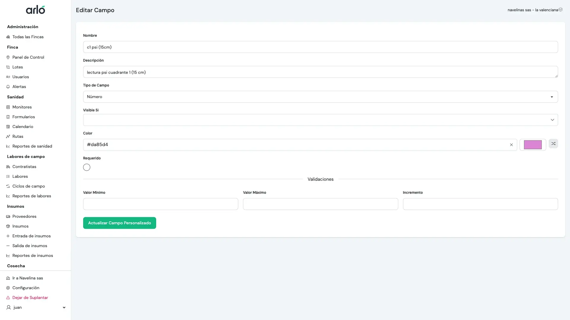 Configuración de validaciones para campo numérico