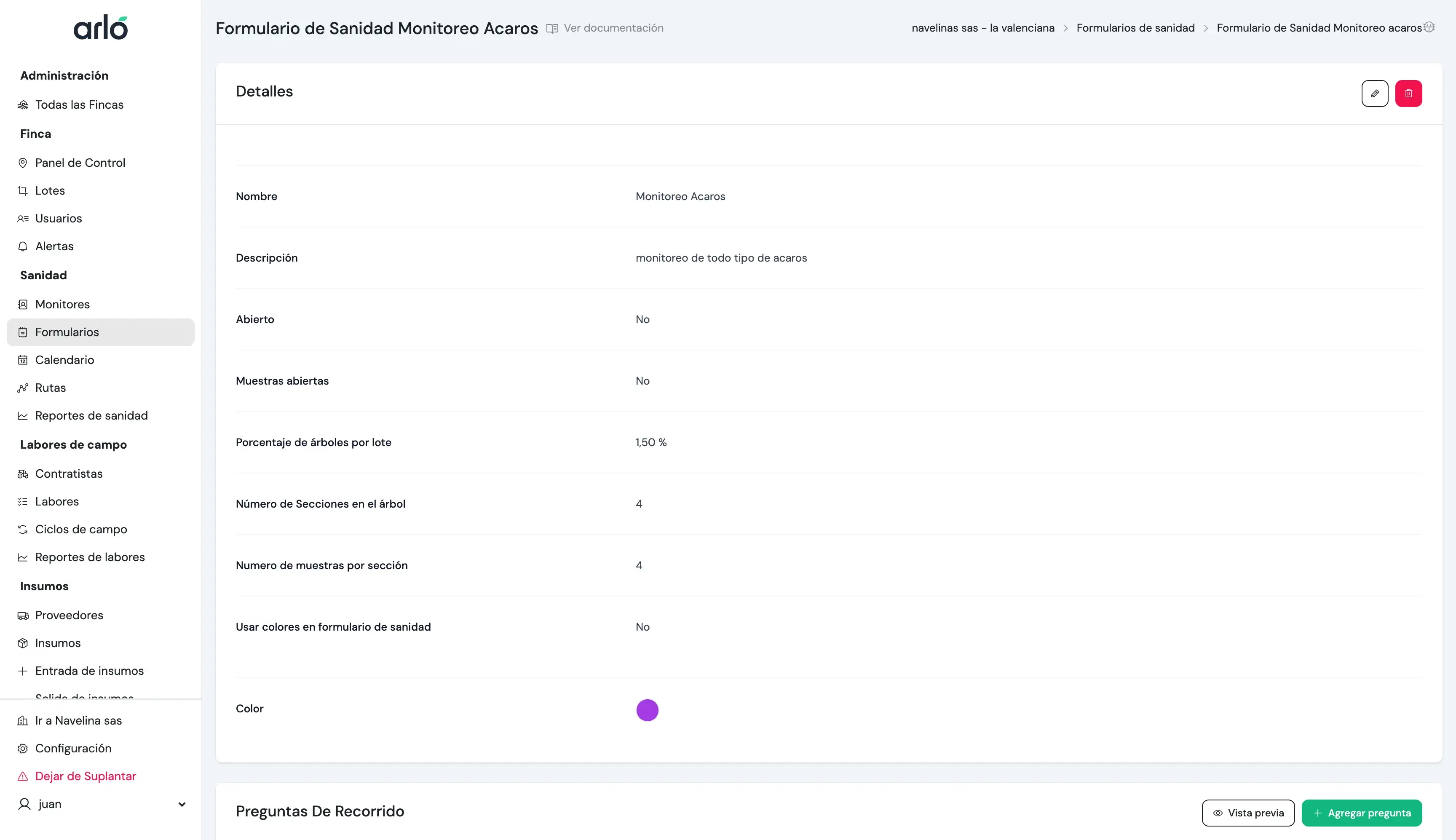 Detalles del formulario "Monitoreo Acaros" mostrando configuración de modo cerrado