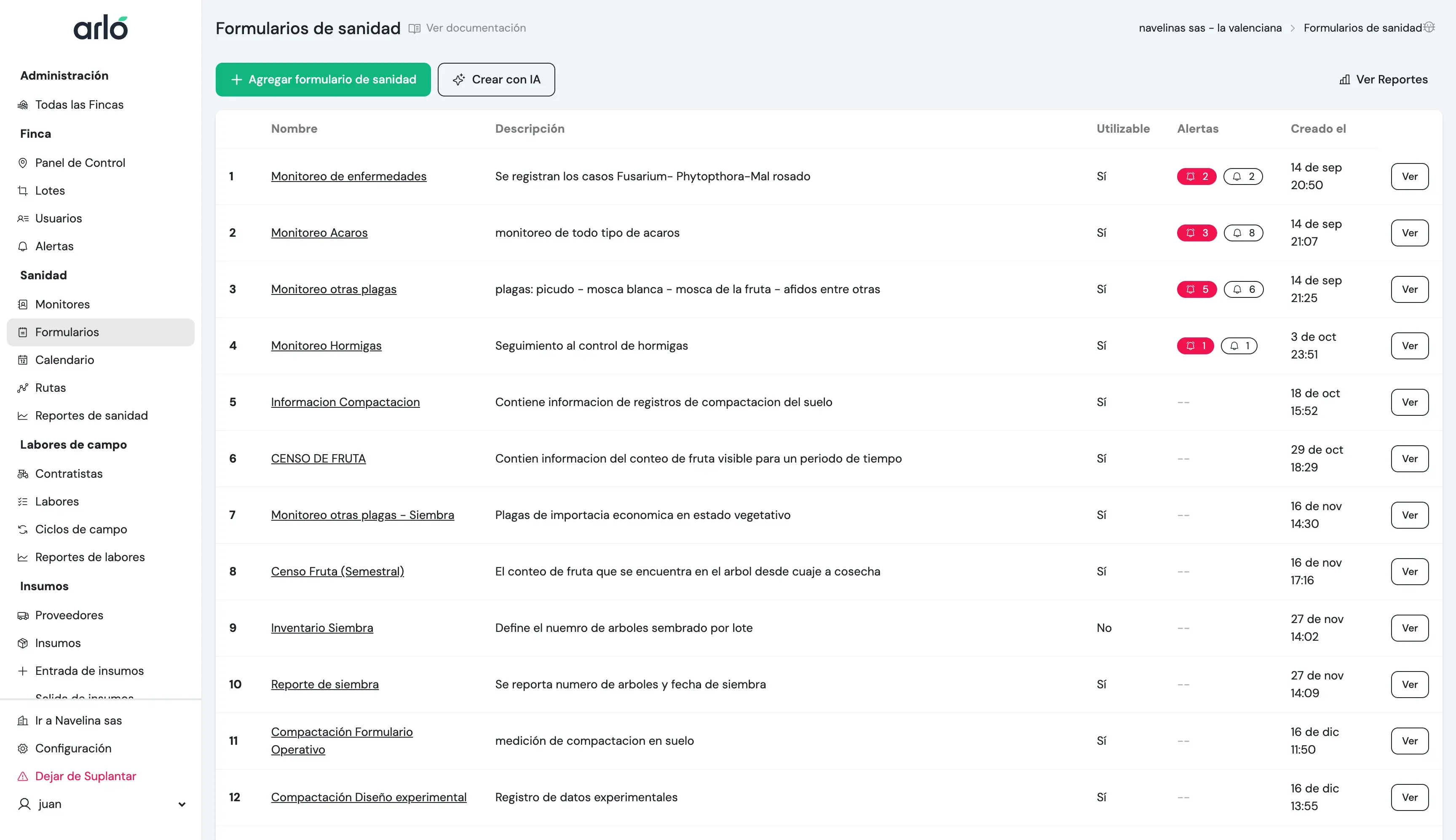 Vista general de la lista de formularios