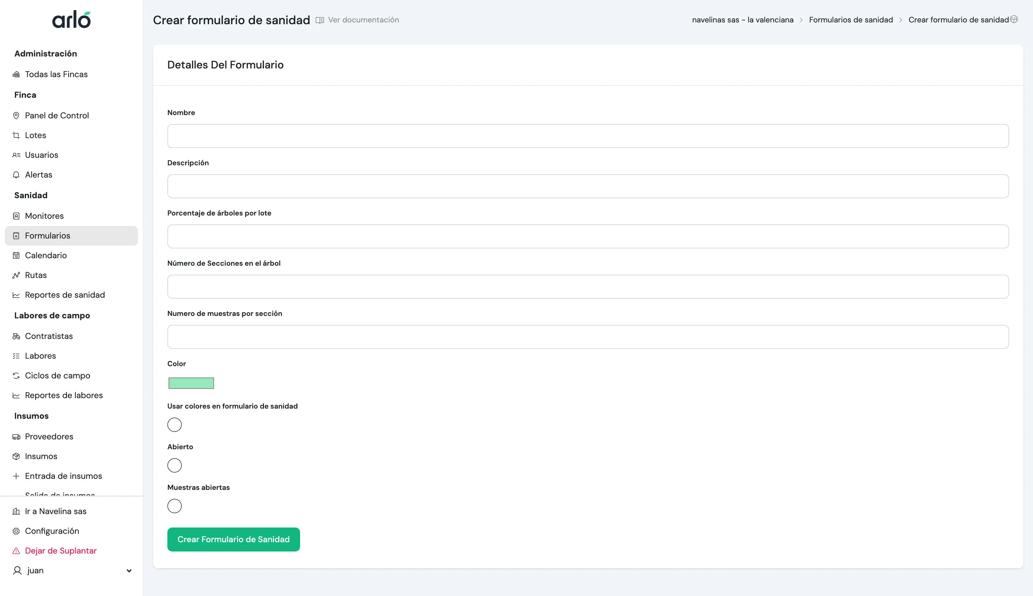 Página de creación de formulario mostrando ajustes de configuración