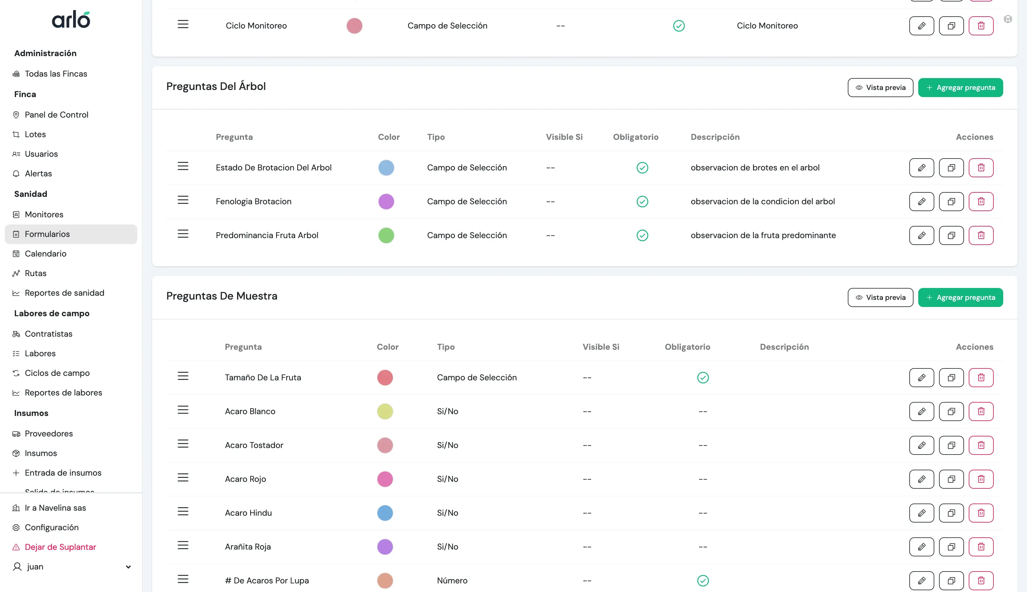Ejemplo de formulario mostrando preguntas en los tres niveles: Ruta, Árbol y Muestra